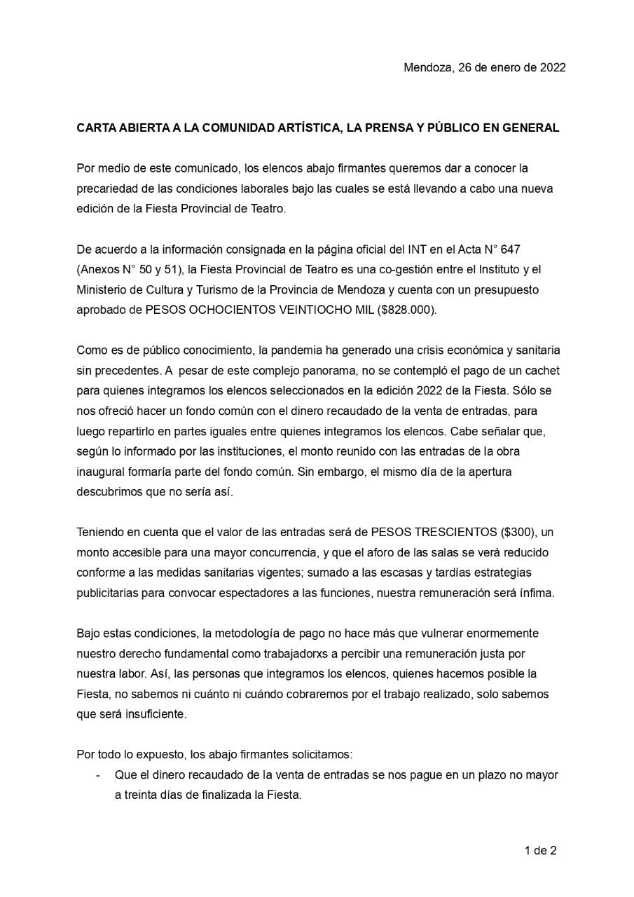 Escrito de los actores y actrices sobre el proceder de la organización de pagos sobre la Fiesta Provincial del Teatro.