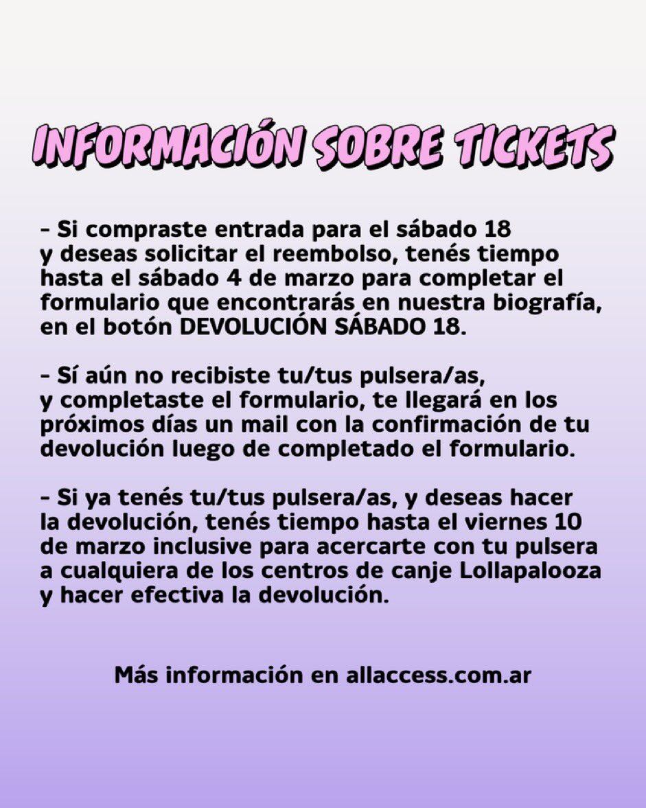 Lollapalooza informó cómo solicitar la devolución de las entradas.