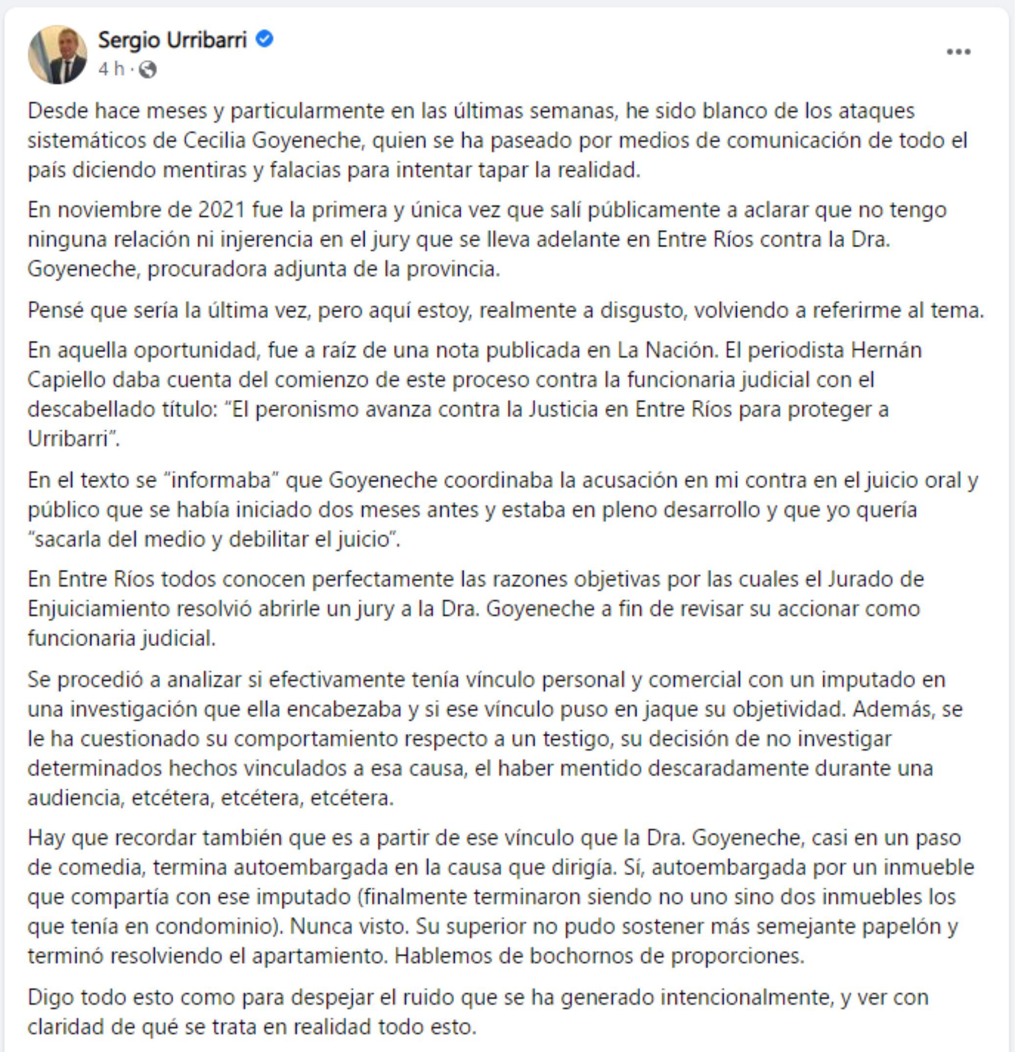 Fragmento de la nota publicada por Sergio Urribarri a propósito de la destitución de la Dra. Cecilia Goyeneche.