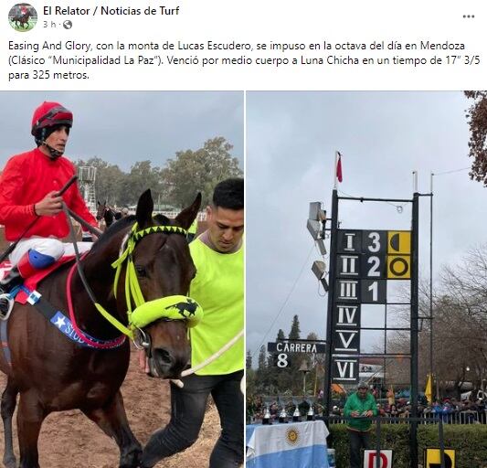 Easing And Glory, con la monta de Lucas Escudero, ganó la octava carrera en el Hipódromo de Mendoza.