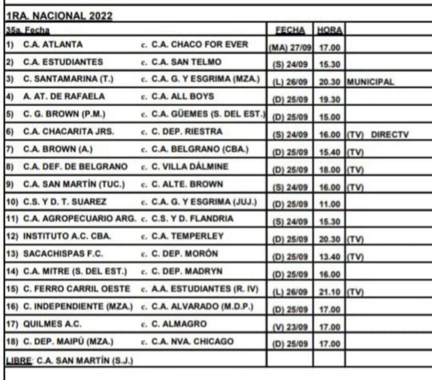 La fecha 35 de la Primera Nacional, con Belgrano como visitante.