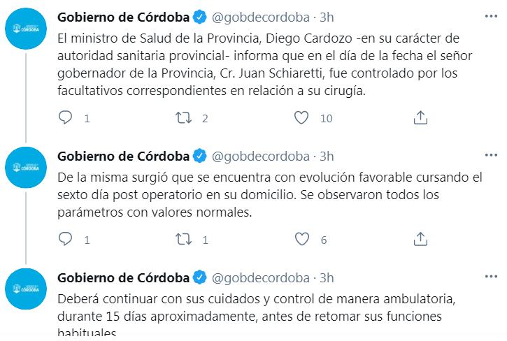 La Provincia informó a través de Twitter cómo evoluciona la salud de Juan Schiaretti.