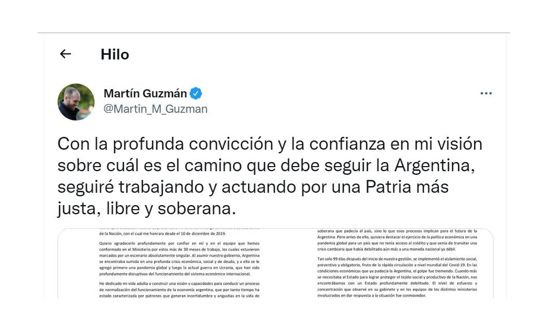 El tuit de Martín Guzmán.