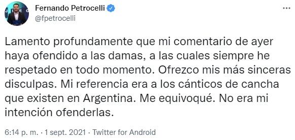 Petrocelli ofreció disculpas públicas antes de que se pidiera su captura e imputación.