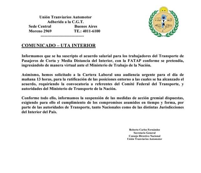 Comunicado de la UTA anunciando el levantamiento del paro