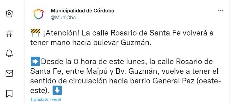 El municipio anunció el cambio de circulación de una calle de Córdoba.