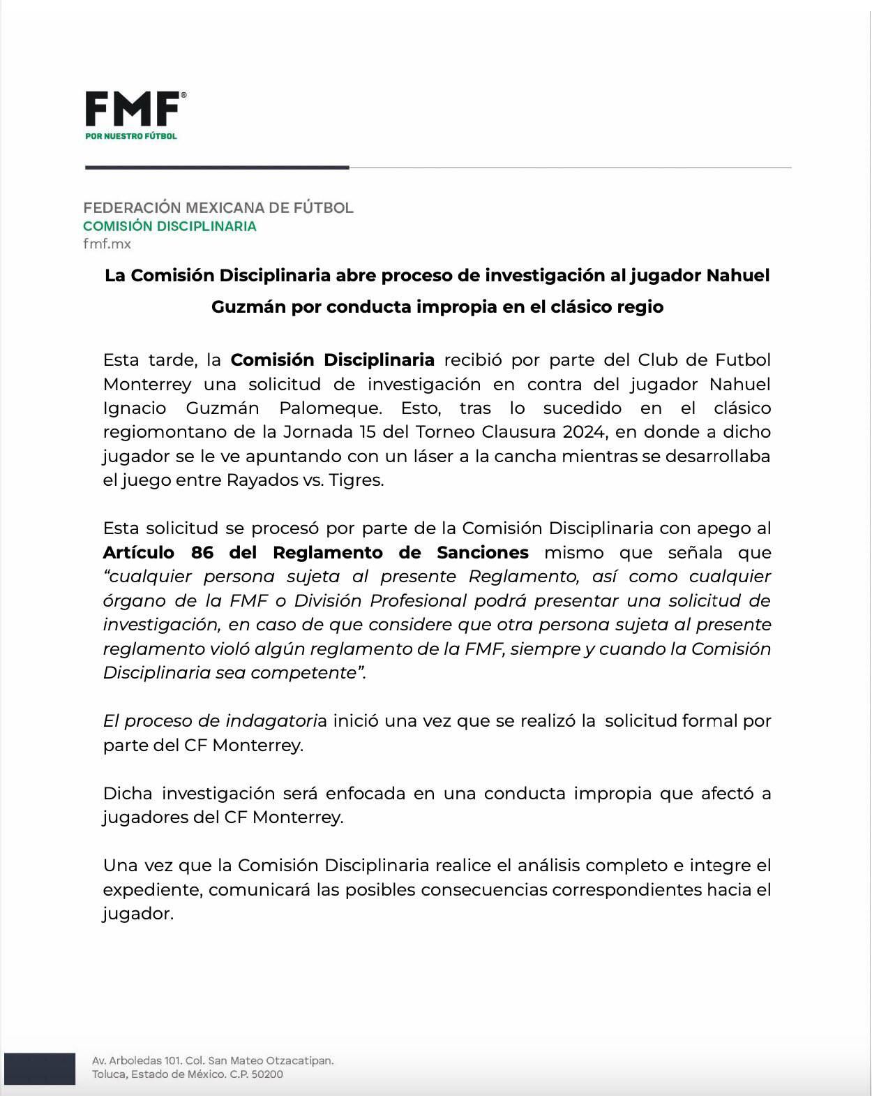 La organización publicó un comunicado este martes.