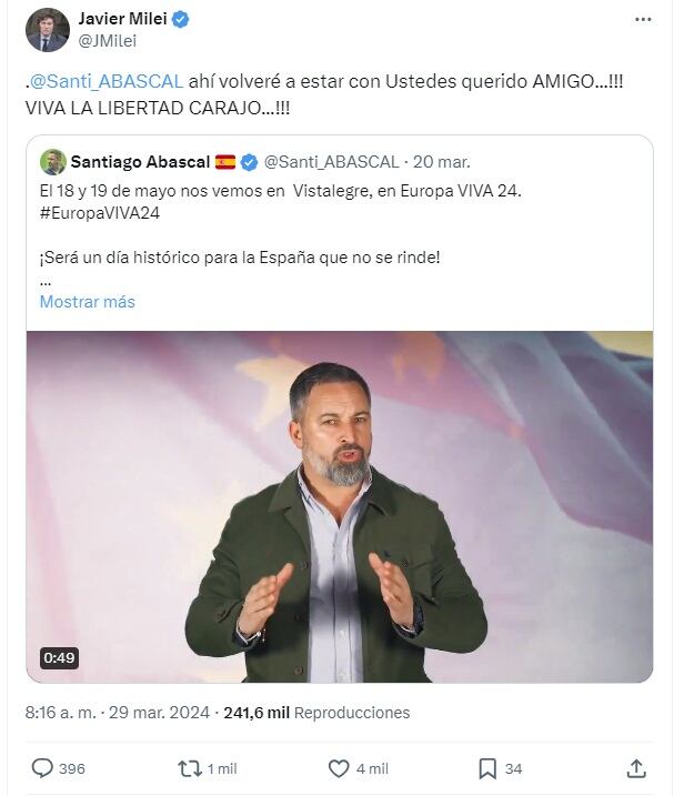 Milei confirma viaje a España para un acto de Vox (X)