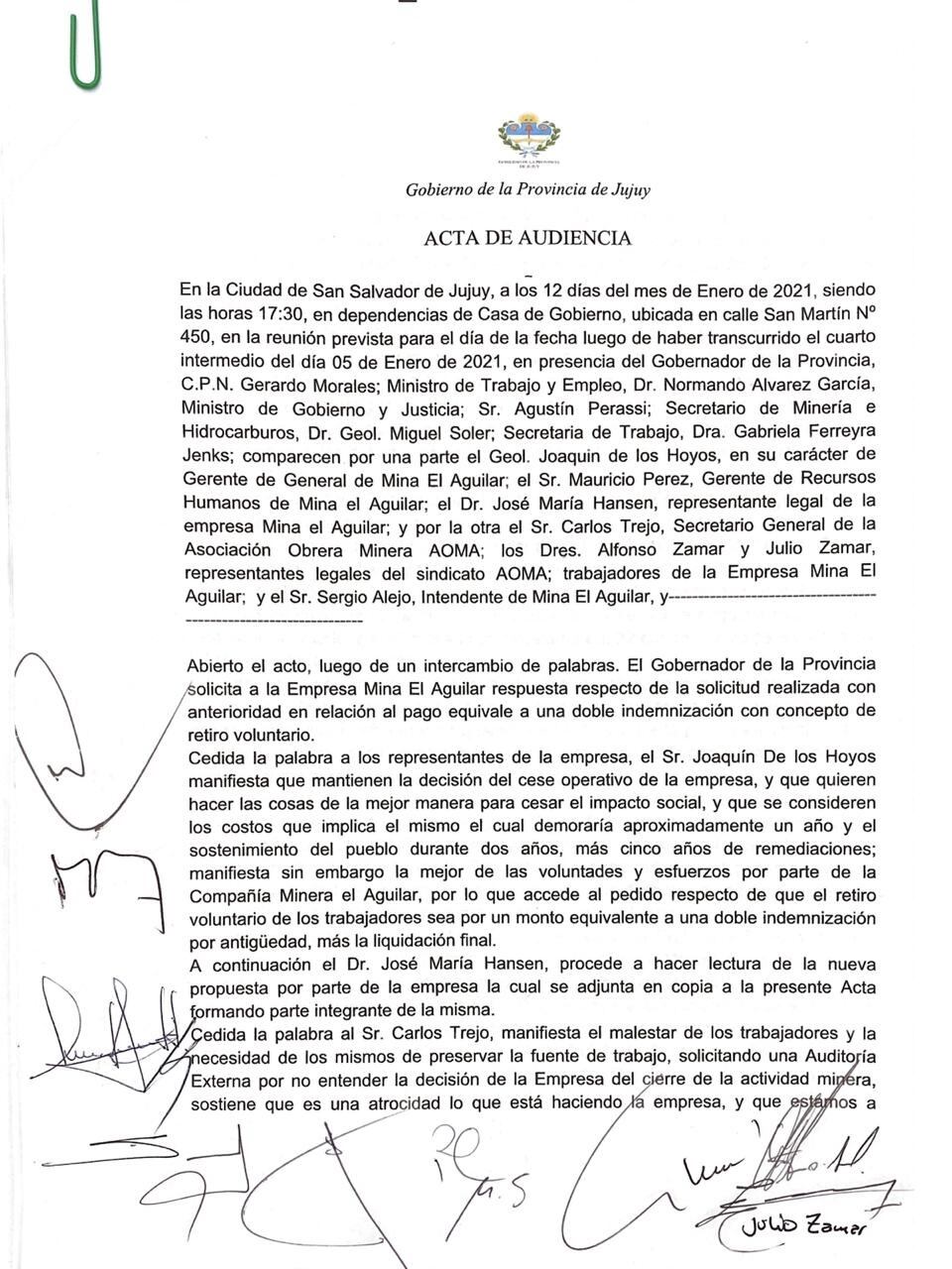 Folio 1 del acta de audiencia producida en la reunión en la Casa de Gobierno.