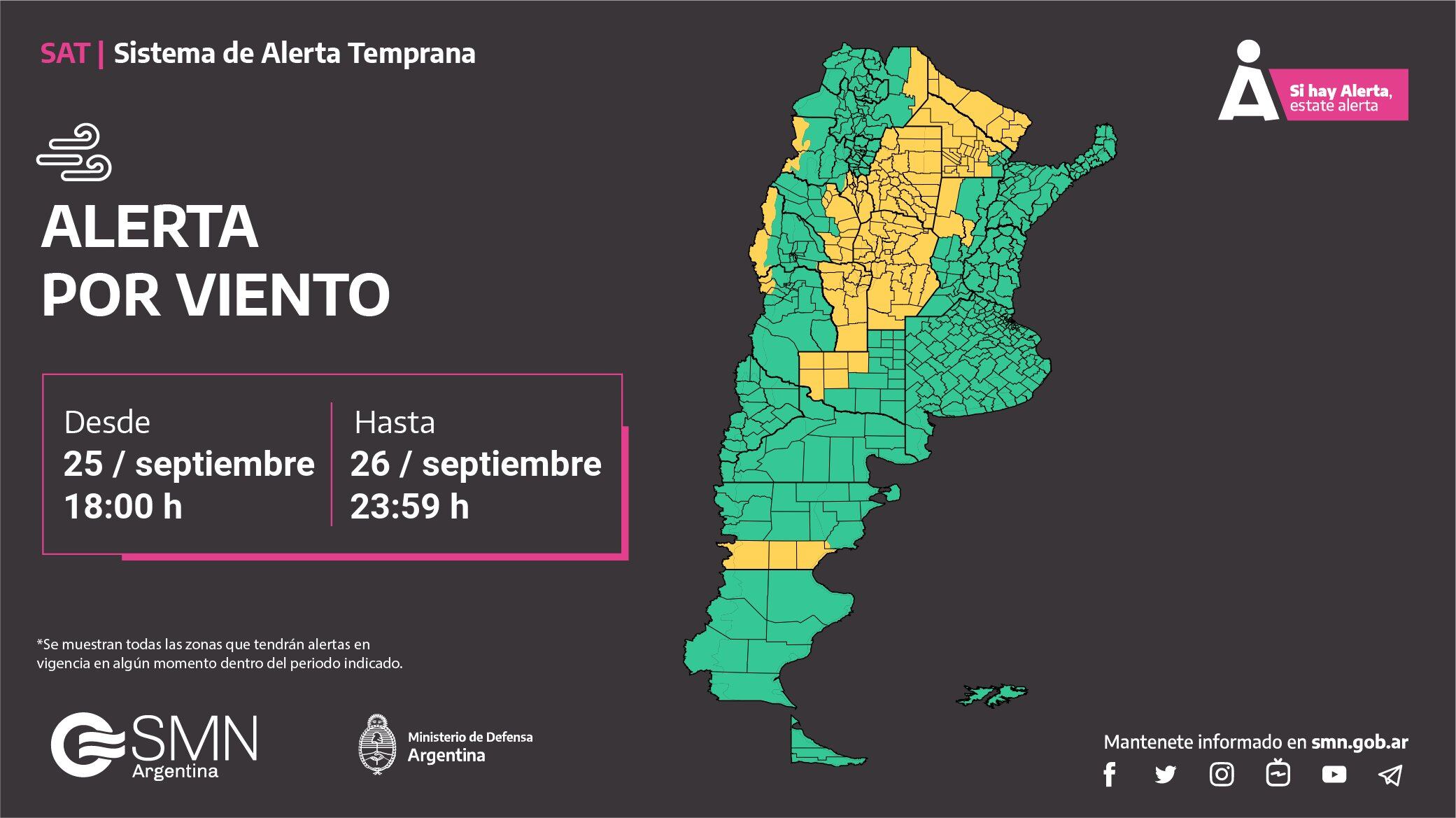 Alerta por vientos para este martes 26 de septiembre. (SMN)