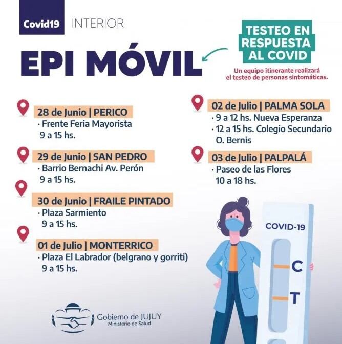 Cronograma de recorrido del "Epi Móvil" en ciudades del interior de la provincia para la presente semana.