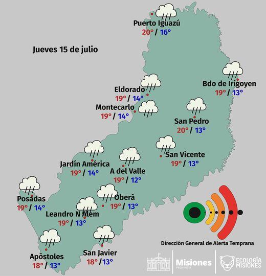 Tiempo inestable con lluvias y lloviznas en la provincia.