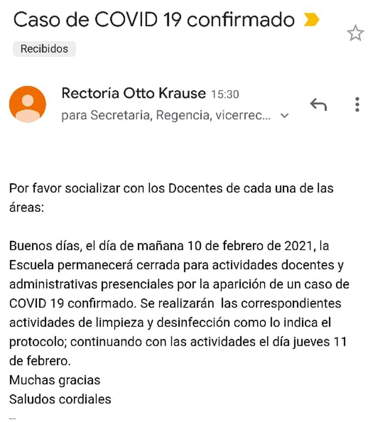 El mail que le enviaron al cuerpo de docentes. (TN)