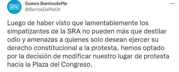 Barrios de Pie denunció supuestas amenazas ante el anuncio de la movilización en La Rural.