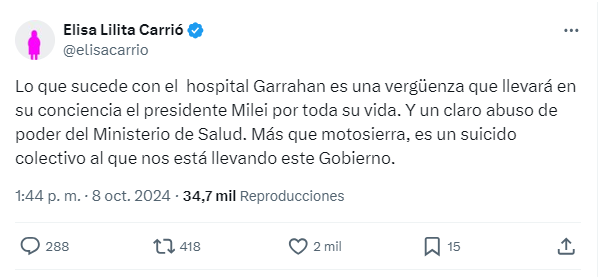 Lilita Carrió publicó un mensaje sobre el Garrahan.