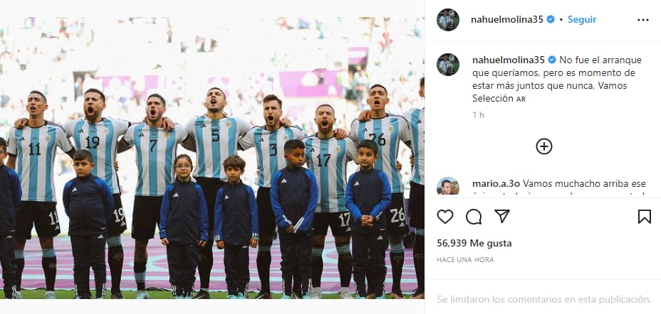 Nahuel Molina se lamentó en redes por la derrota de la Selección Argentina.