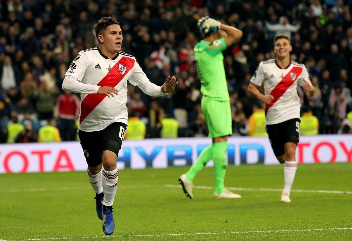 Juan Fernando Quintero festejando su gol ante Boca en la final de la Copa Libertadores 2018.