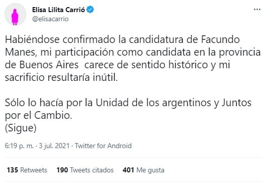 Elisa Carrió anunció la baja de su candidatura en su cuenta de Twitter.