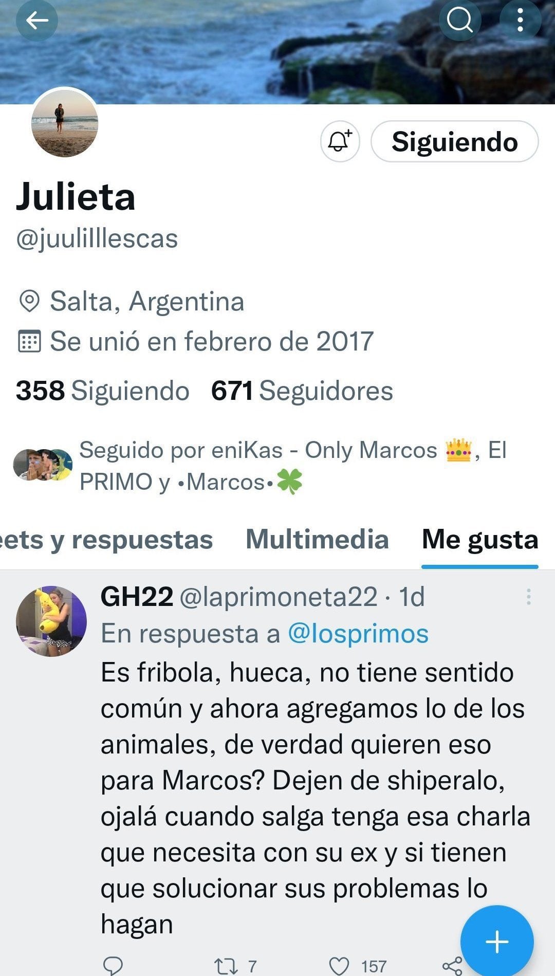 Los "me gusta" de la novia de Marcos, en contra de Julieta Poggio