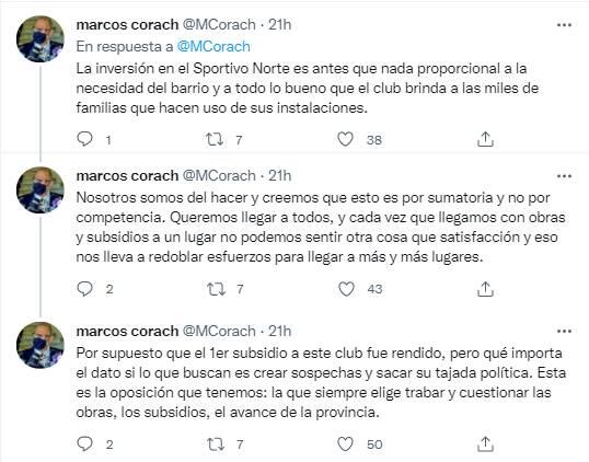 Tweets del Ministro de la Gestión Pública, Marcos Corach, tras la polémica por el nuevo subsidio a Sportivo Norte