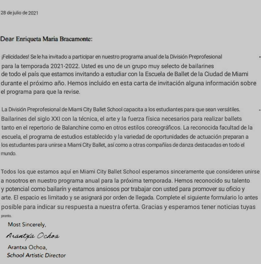 Invitación para participar del Programa Anual de la División Preprofesional temporada 2021-2022 en la Miami City Ballet School.