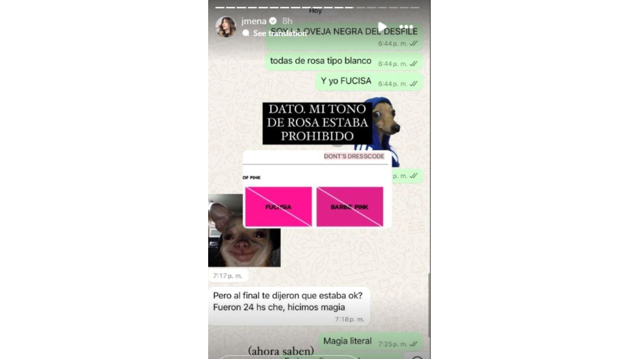 El chat compartido por Jimena Barón sobre el problema que tenía con su vestuario.