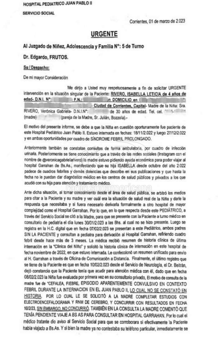 El informe del Pediátrico que advirtió sobre la situación de Isabella, la correntina de 4 años.