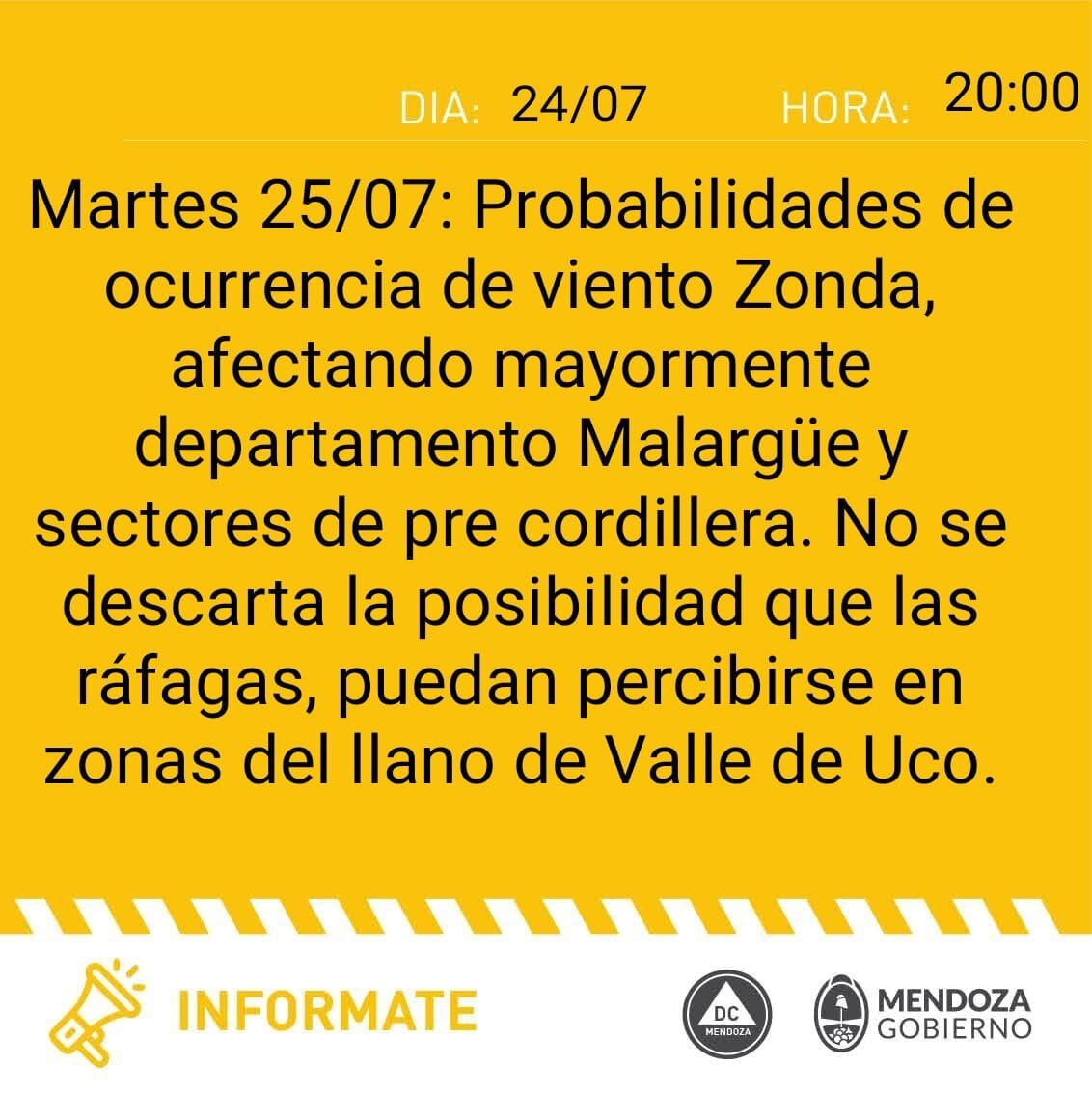 Alerta por posible presencia de viento Zonda en Malargüe y zonas de precordillera para el martes 25. Foto: Defensa Civil