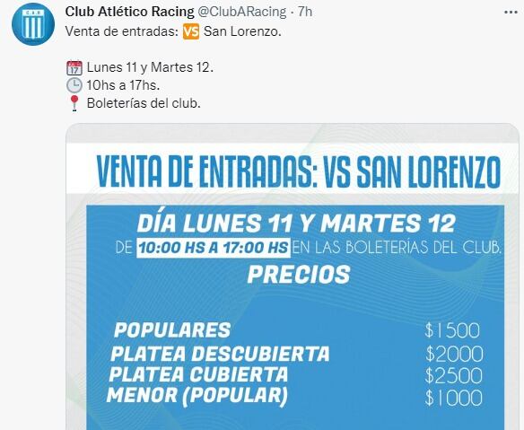 Precios de entradas para Racing-San Lorenzo por Copa Argentina.