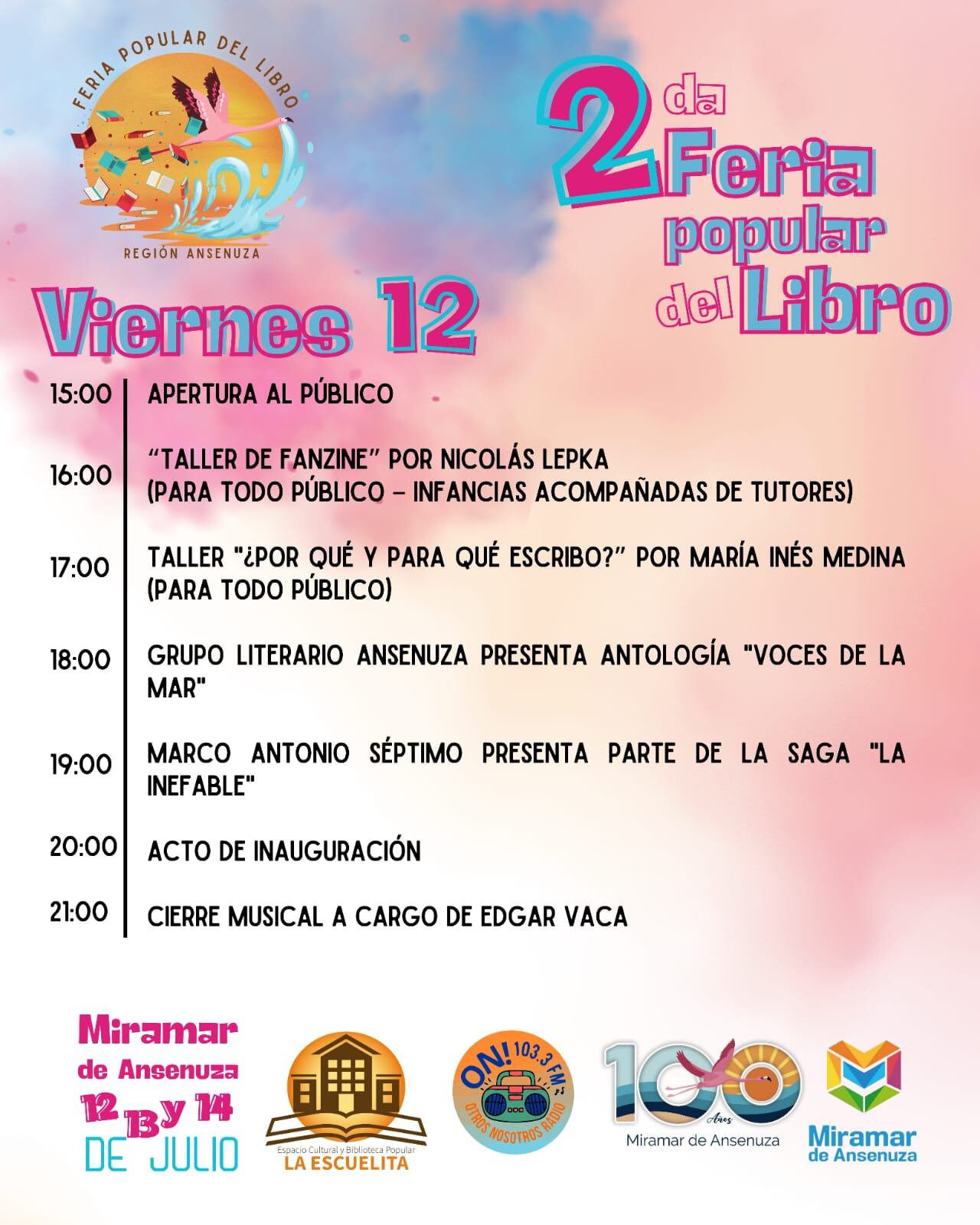 Feria del libro el viernes 12 en Miramar de Ansenuza.