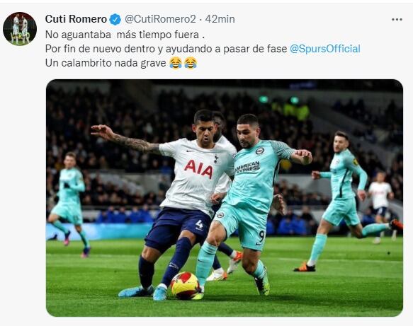 El cordobés Cuti Romero volvió a jugar en el Tottenham, tras lesionarse en el Argentina-Brasil.