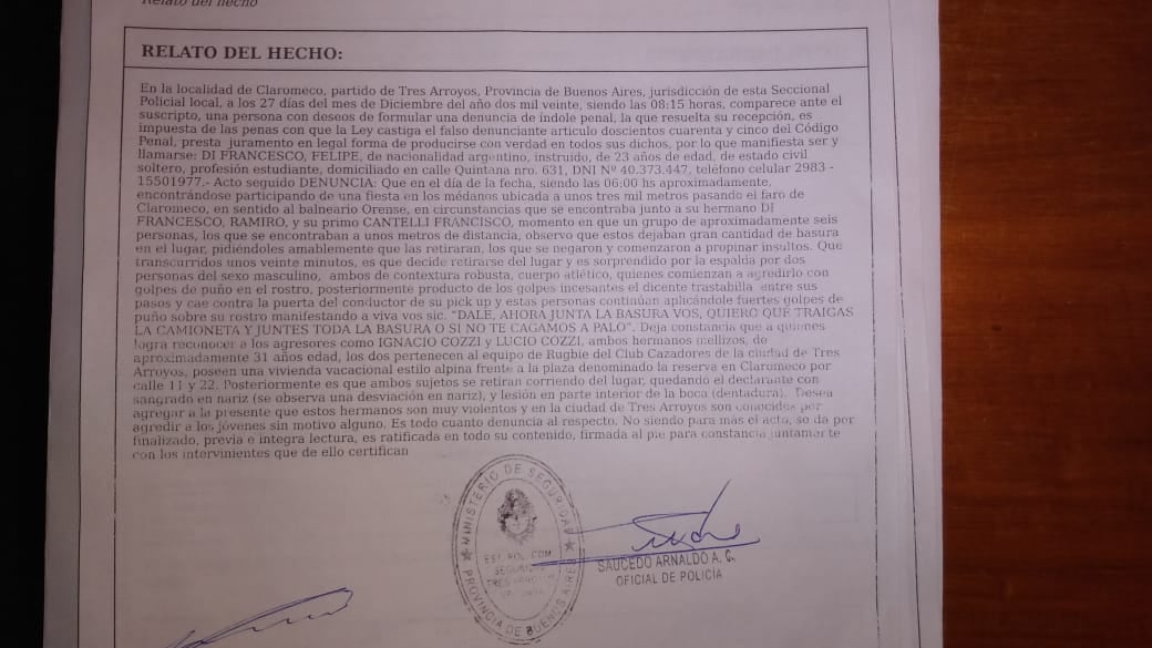 denuncia realizada por Felipe Di Fransesco donde relata el ataque que sufrió de dos rugbiers