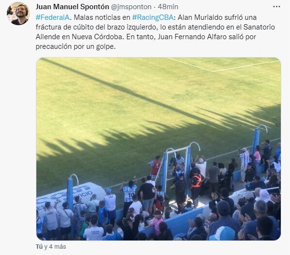 Alan Murialdo salió reemplazado por lesión, una fractura en el brazo. Racing lo pierde al menos por tres semanas.