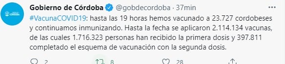 La campaña de vacunación avanza en Córdoba, sin turno previo para cada vez más franjas.