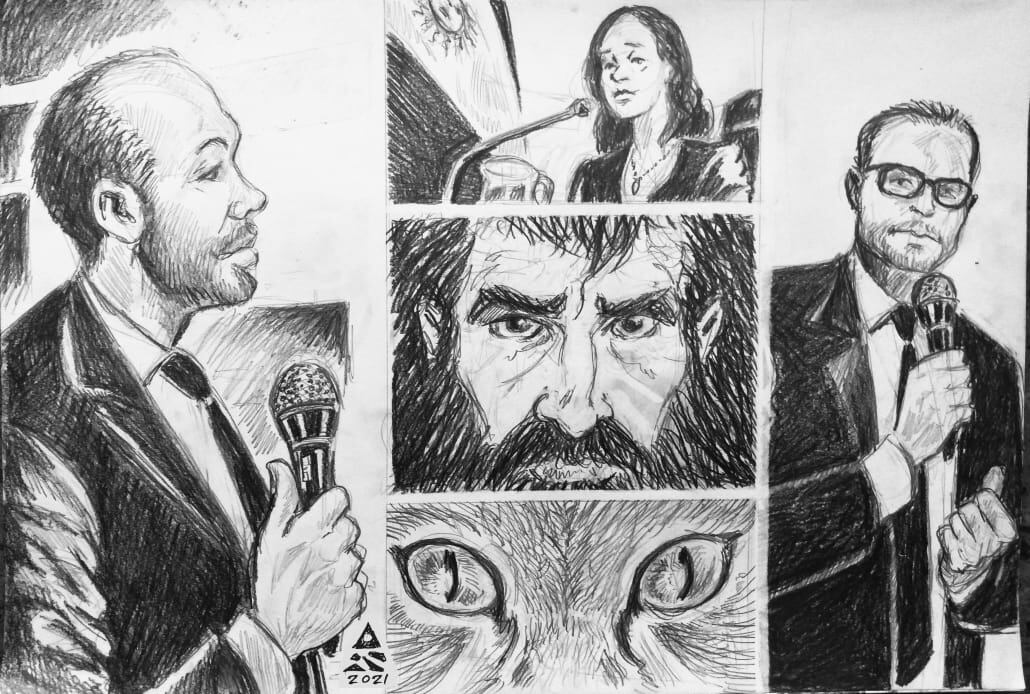 El artista Damián Pérez Santos tuvo a su cargo el court sketch del juicio contra Gil Pereg y así lo ilustró. Foto: Prensa Poder Judicial de Mendoza.