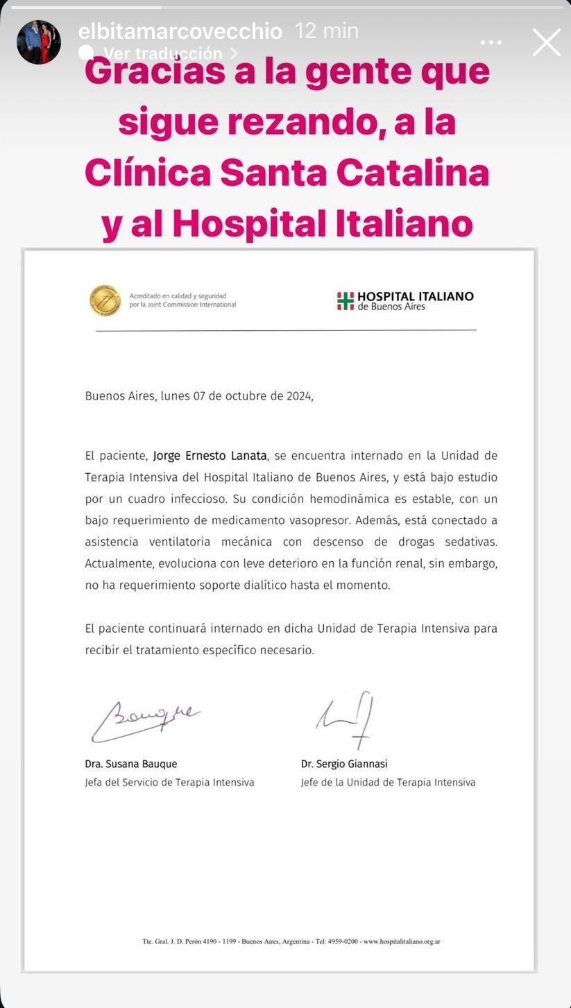 El último parte médico de Jorge Lanata. Captura de Instagram.