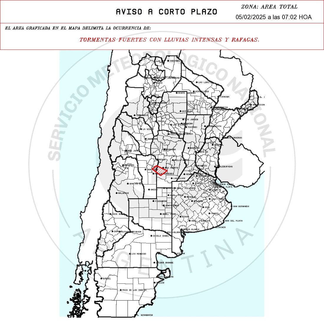 Aviso a corto plazo por tormentas intensas en Córdoba.