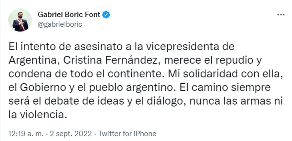 El tuit de Gabriel Boric, presidente de Chile, condenando el atentado a Cristina Kirchner.