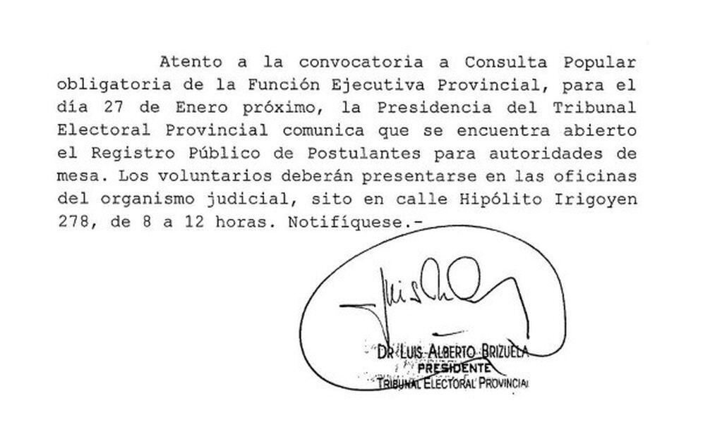 Exclusivo. El texto firmado por el presidente del Tribunal Electoral Provincial, doctor Luis Alberto Brizuela.
