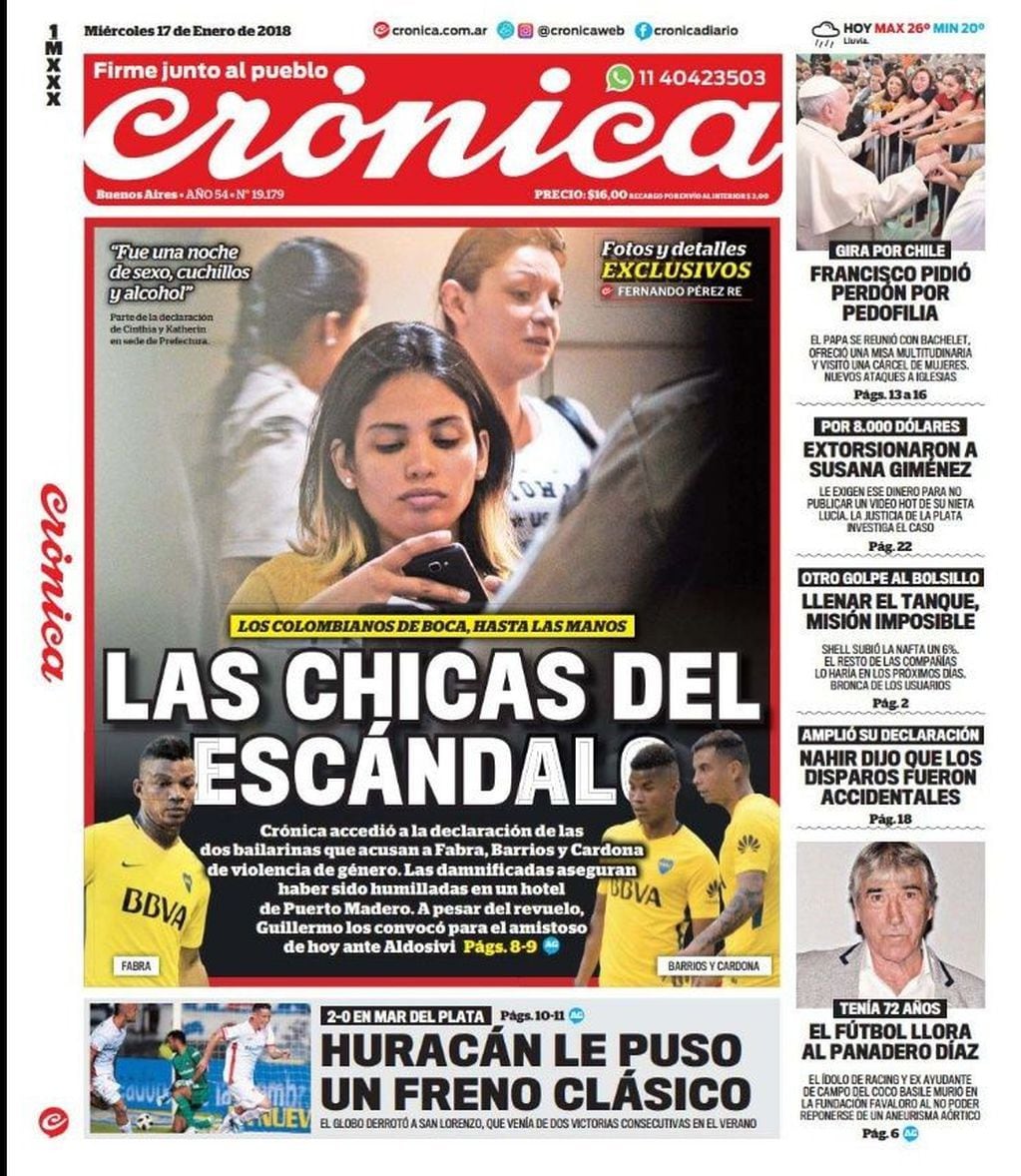 La tapa del diario Crónica, el cual reveló los rostros de las denunciantes contra Edwin Cardona y Wilmar Barrios.