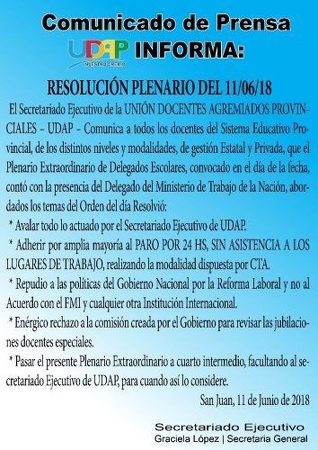 El comunicado de UDAP.