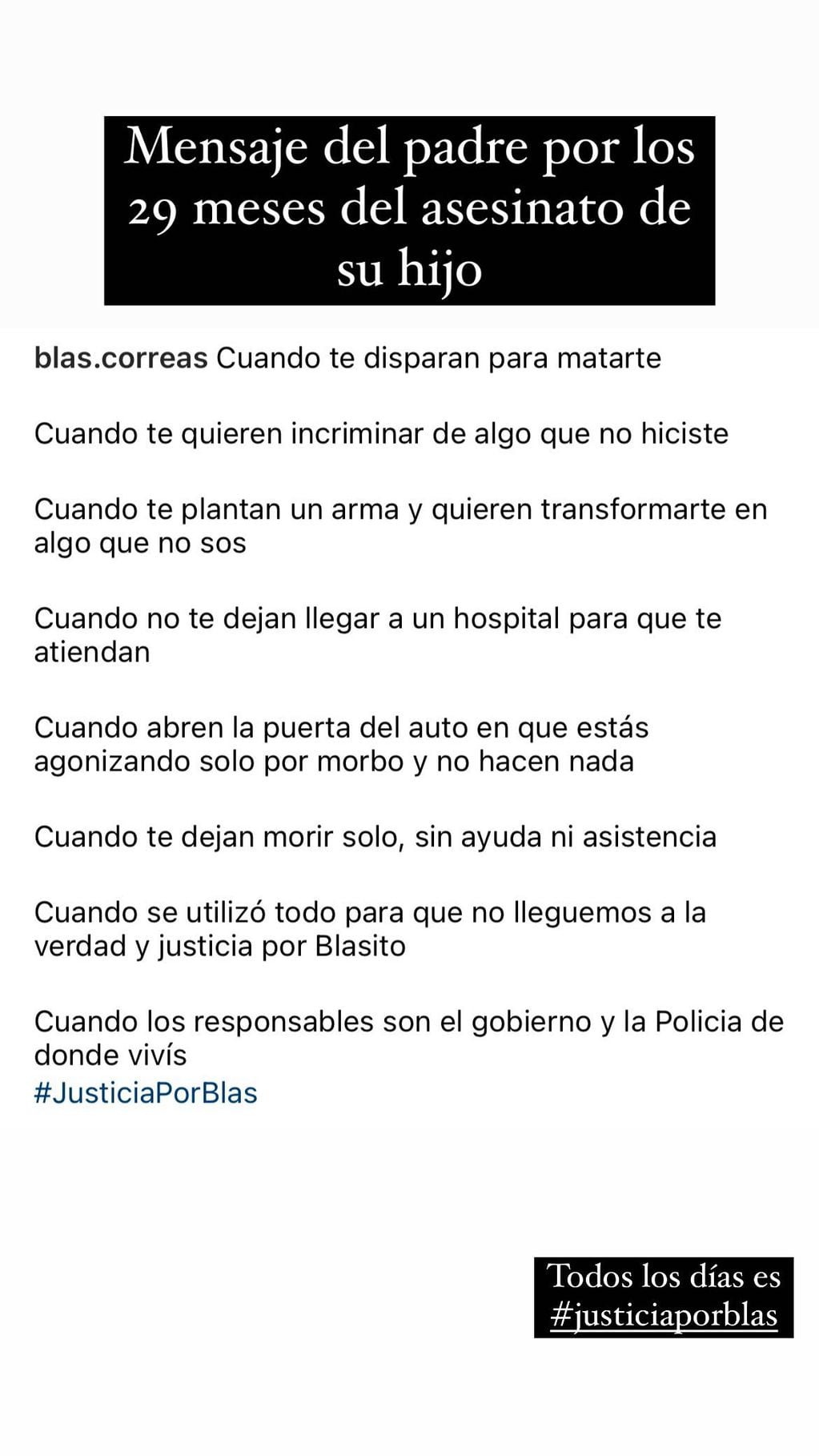 El mensaje del padre de Valentino Blas Correas.