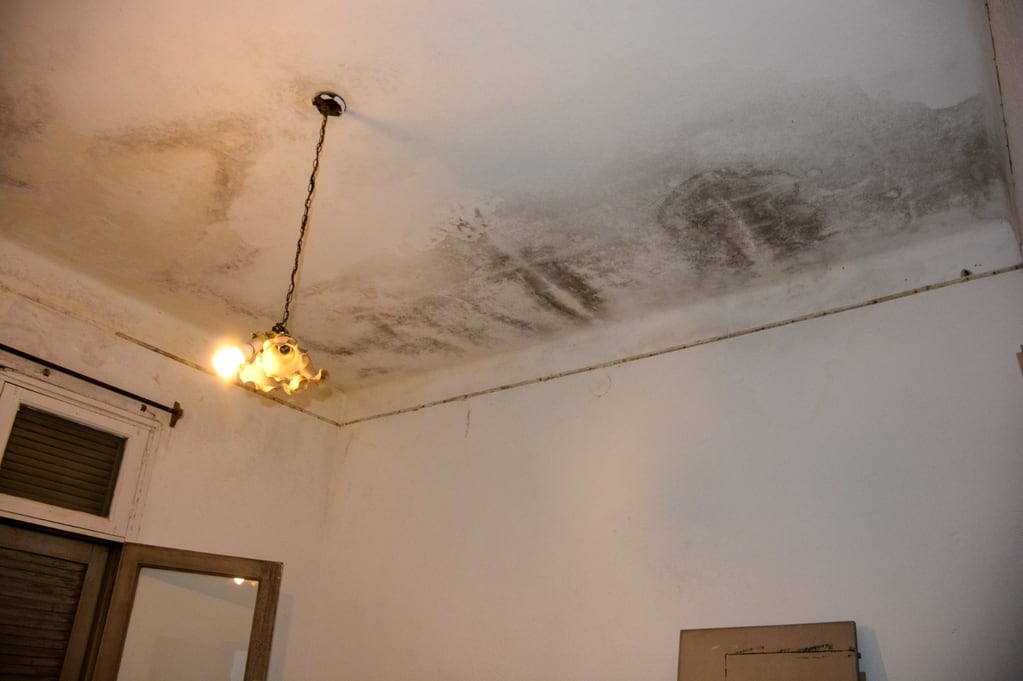 En los techos de las habitaciones del segundo piso de la hospedería se hacen visibles extensas áreas con manchas de humedad.