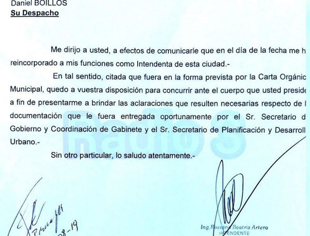 La misivia de Artero dirigida al presidente del Concejo.