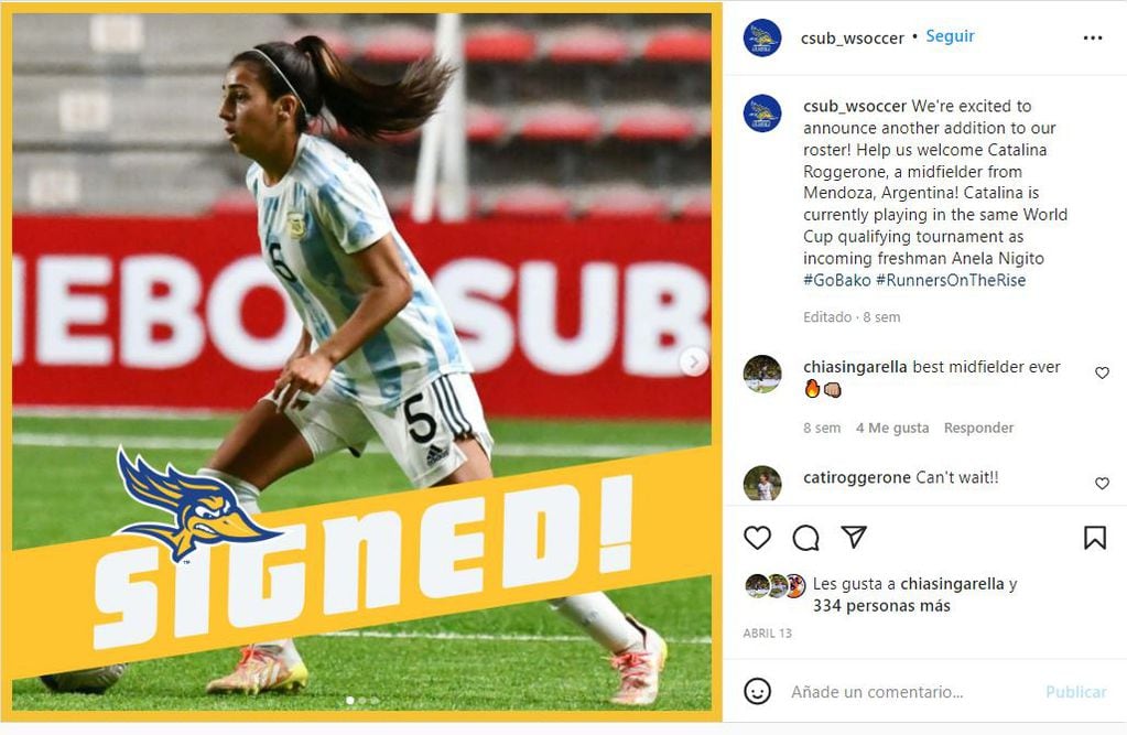 Catalina Roggerone, ex Talleres, Independiente Rivadvaia y Godoy Cruz, que se incorporó a  CSU Bakersfield Women's Soccer.