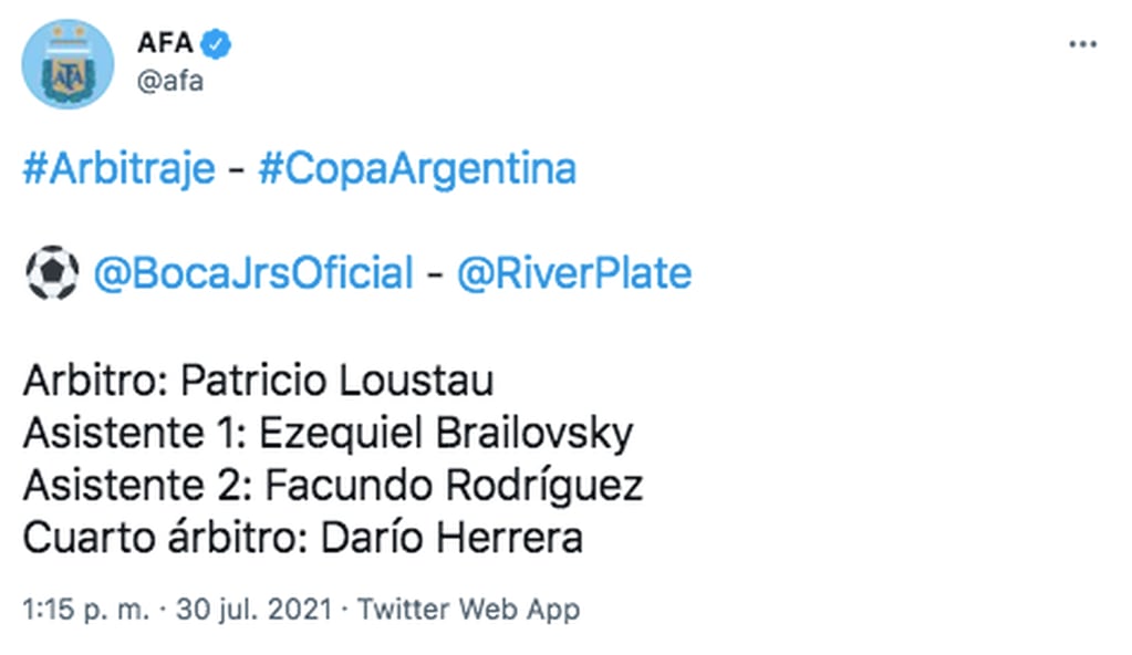 La AFA confirmó la terna arbitral para el Superclásico de la Copa Argentina.