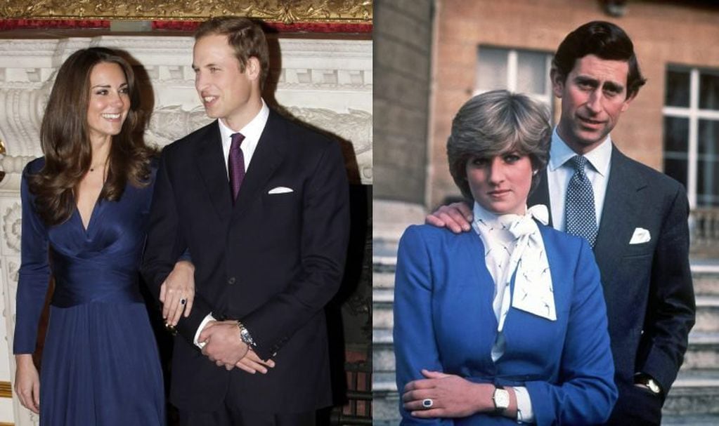 A la izquierda, Kate Middleton y el príncipe Guillermo en el anuncio de su compromiso en 2010. A la derecha, Lady Di y el príncipe Carlos durante el mismo acontecimiento, en 1981. (EFE/str)
