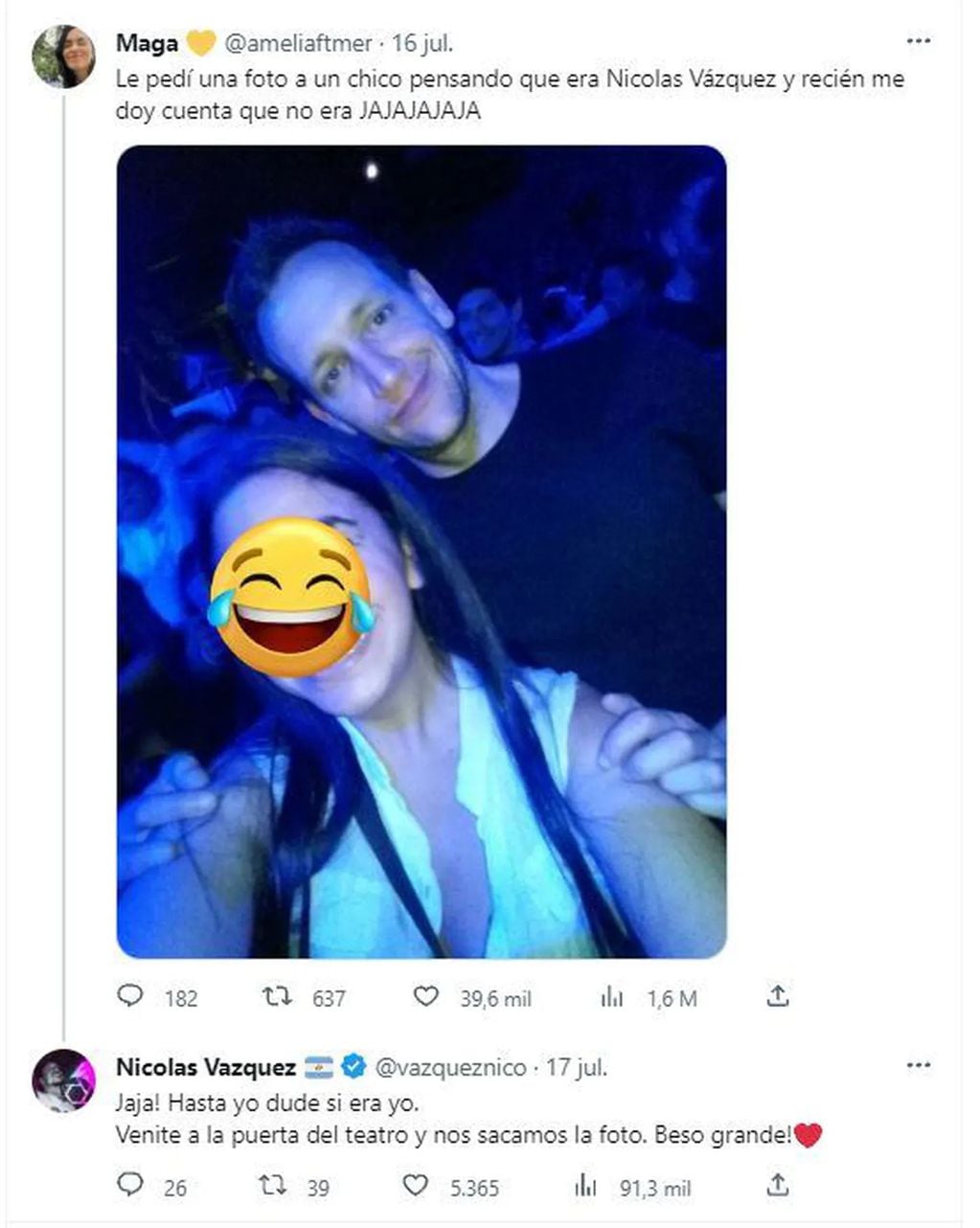 Una usuaria de Twitter se volvió viral al compartir la foto que se sacó con un chico muy parecido a Nicolás Vázquez.