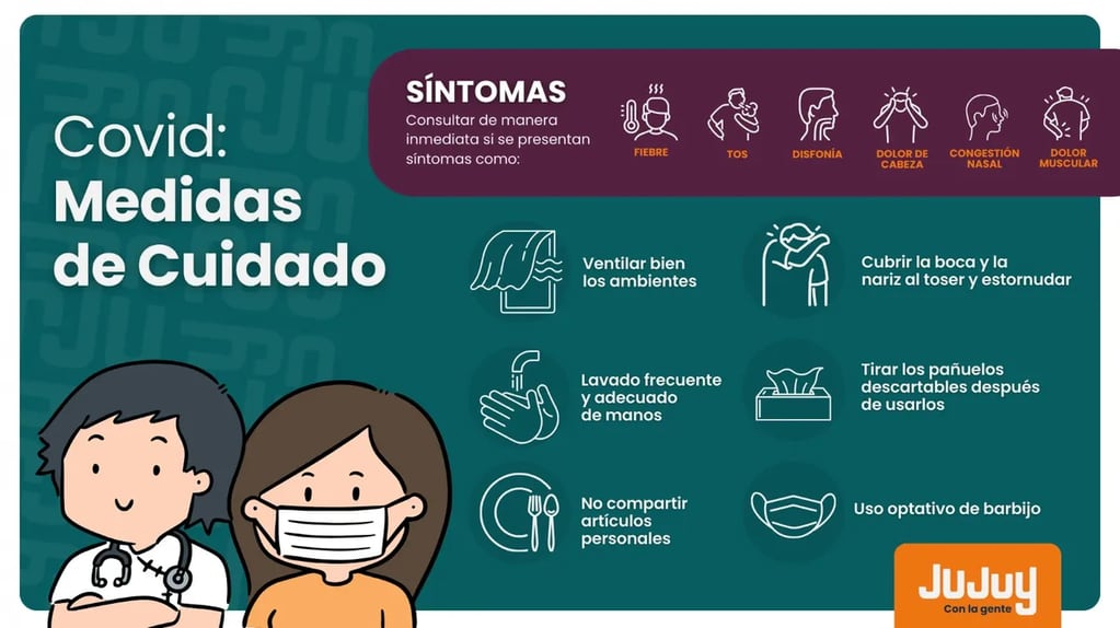 Infografía del Ministerio de Salud de Jujuy recordando las medidas de cuidado frente al aumento de contagios por Covid-19 en el comienzo del año 2024.