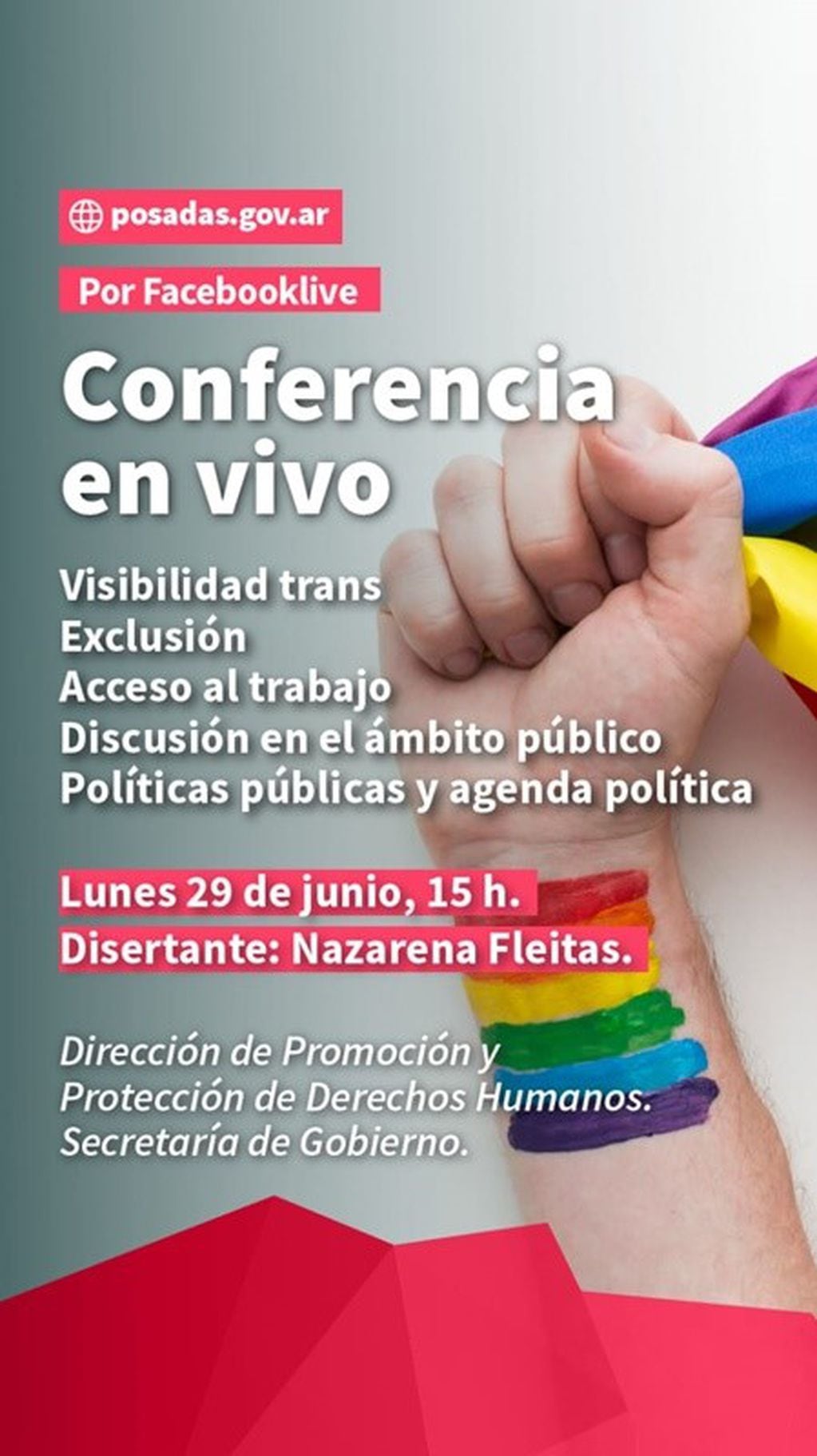 Afiche virtual invitando a la conferencia del lunes sobre la visibilizad trans. (M. de Posadas)